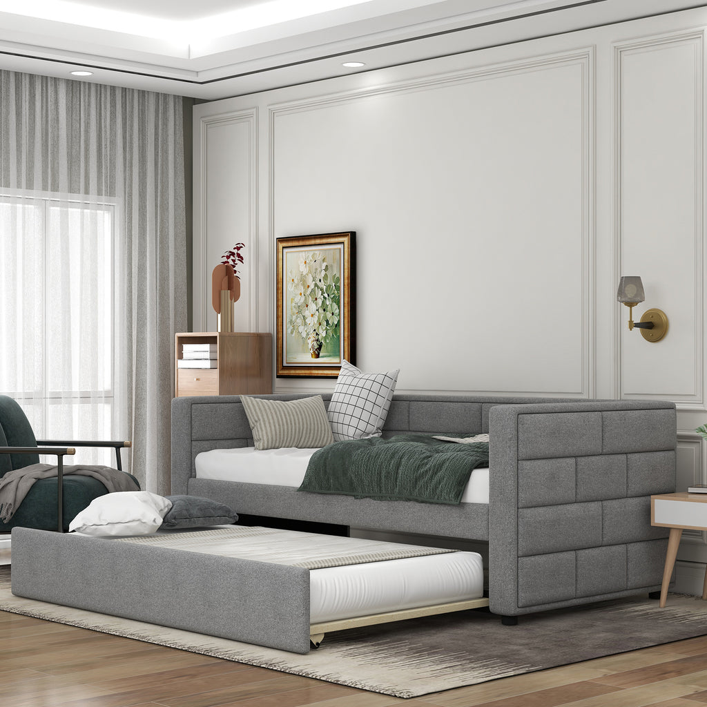 Gray Upholstered Twin Size Daybed with Trundle, Padded Back and Sides, Fabric Frame, 81.5L x 42.5W x 33.4H