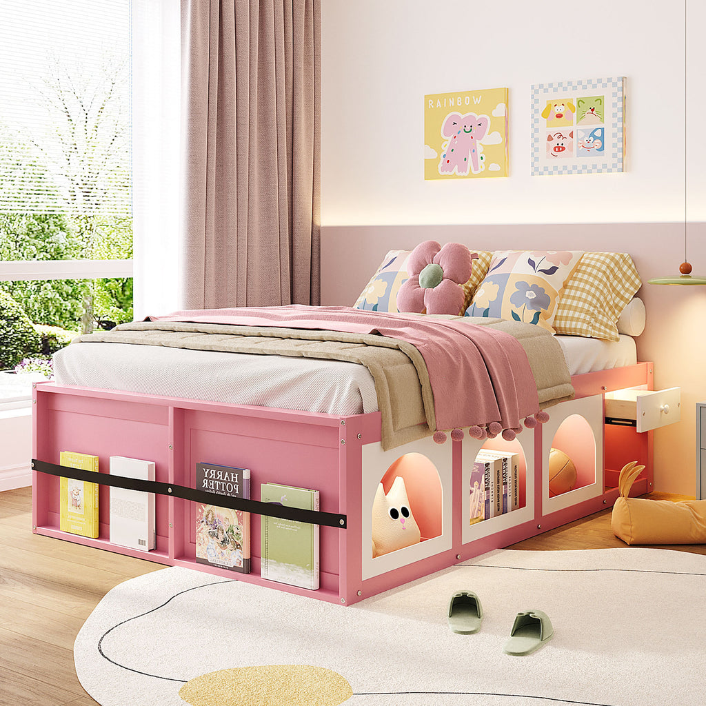 Full Size Wooden Platform Bed with Bookshelf, Display Cabinet, LED Light and Drawer, Pink+White