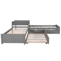 L-shaped Platform Bed with Trundle and Drawers Linked with Built-in Desk, Twin, Gray Pine Wood, 119.6''L x 119.6''W x 30''H