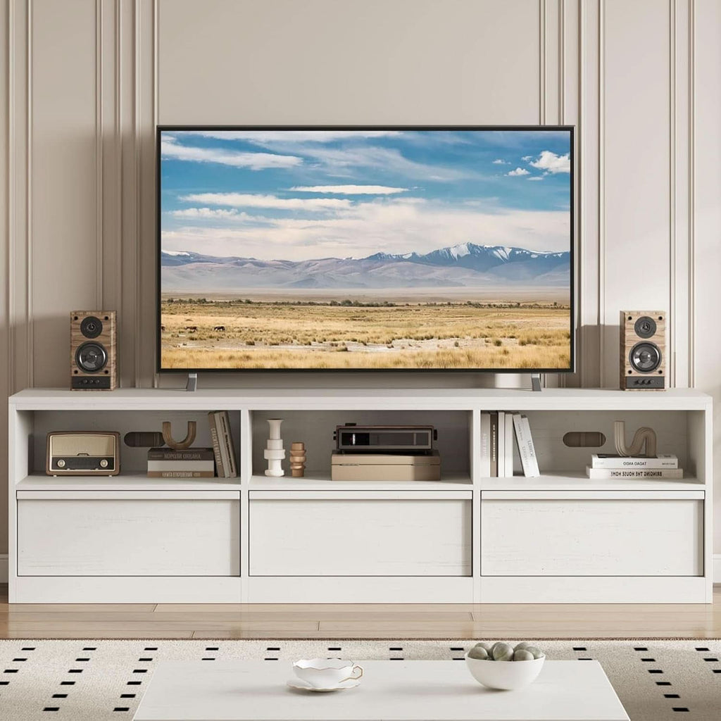 70-In TV Stand Heavy-Duty Mid-Century White Entertainment Center