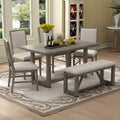 TREXM 6-Piece Retro Dining Table Set for 6, 60' Wood Kitchen Table and Chairs Set of 4 with Bench Designed Trestle Base for kitchen & Dining Room (Gray)
