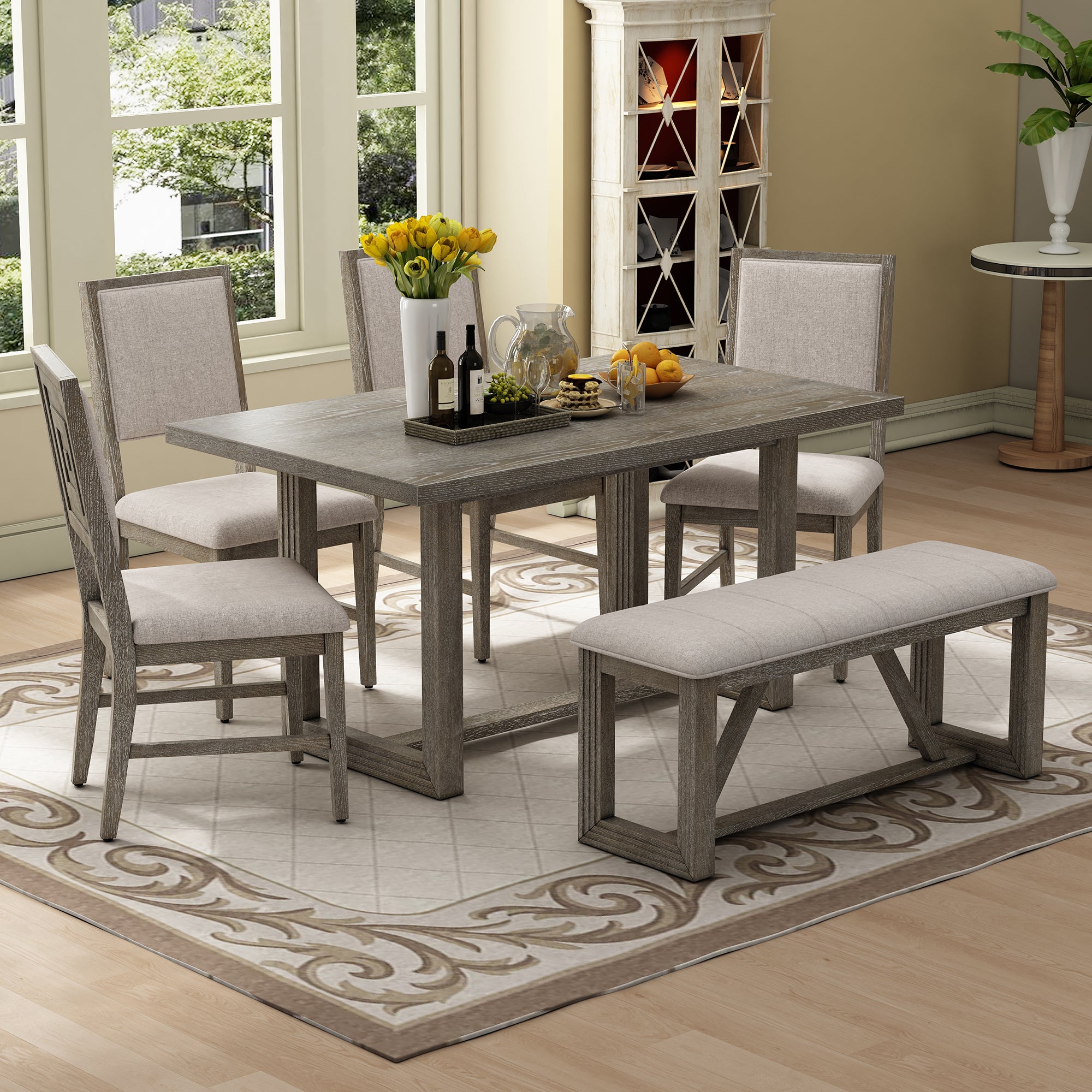 TREXM 6-Piece Retro Dining Table Set for 6, 60' Wood Kitchen Table and Chairs Set of 4 with Bench Designed Trestle Base for kitchen & Dining Room (Gray)