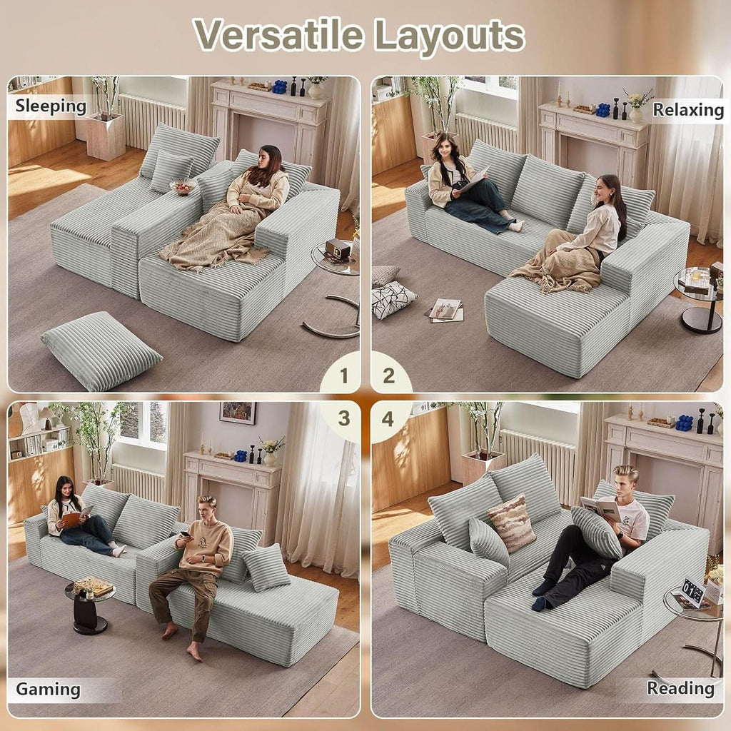 107 Inch Grey Corduroy L Shaped Modular Sleeper Sofa-3