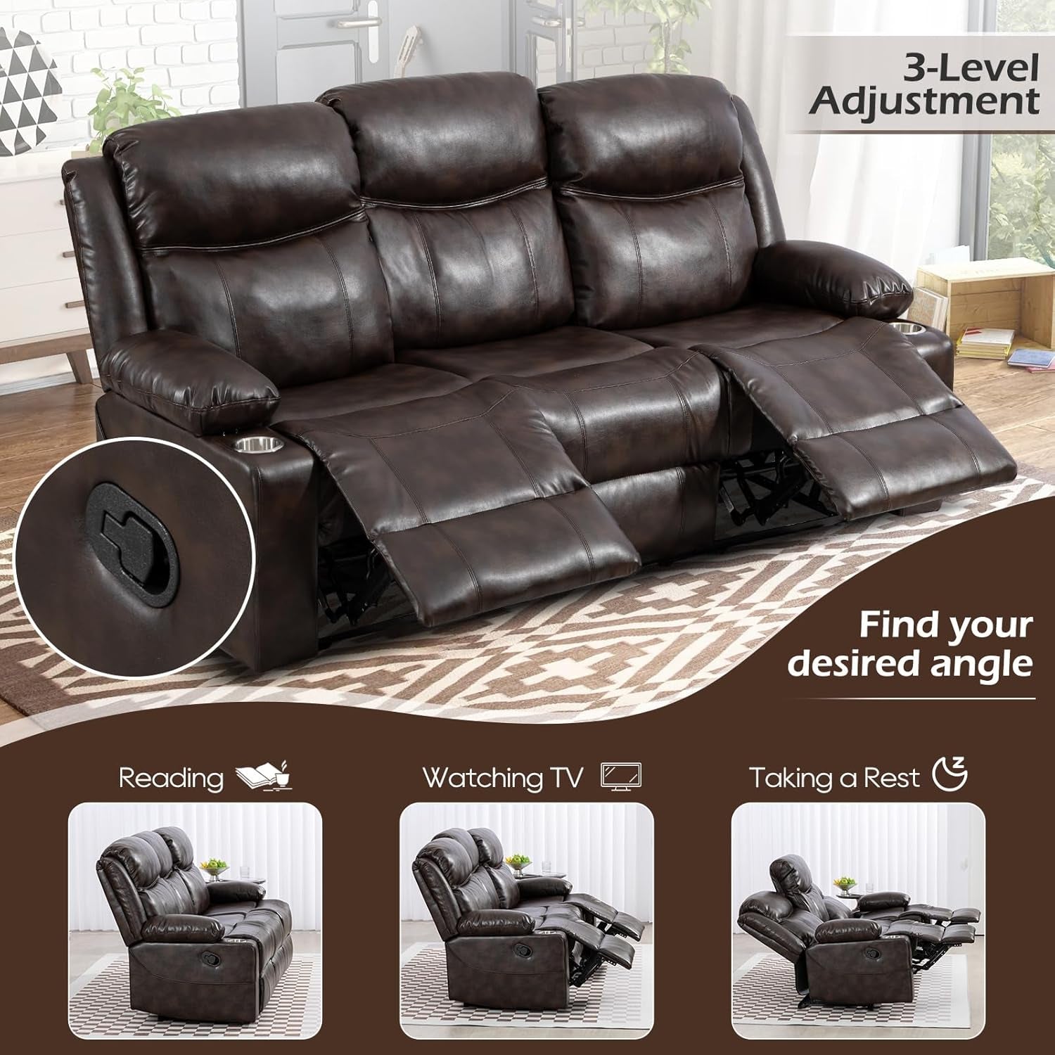 Chestnut Premium Recliner Sofa With Massage Deluxe-3