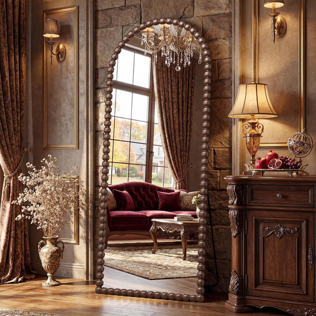 71 Inch Elaborately Arched Floor Mirror Beaded Brown-3