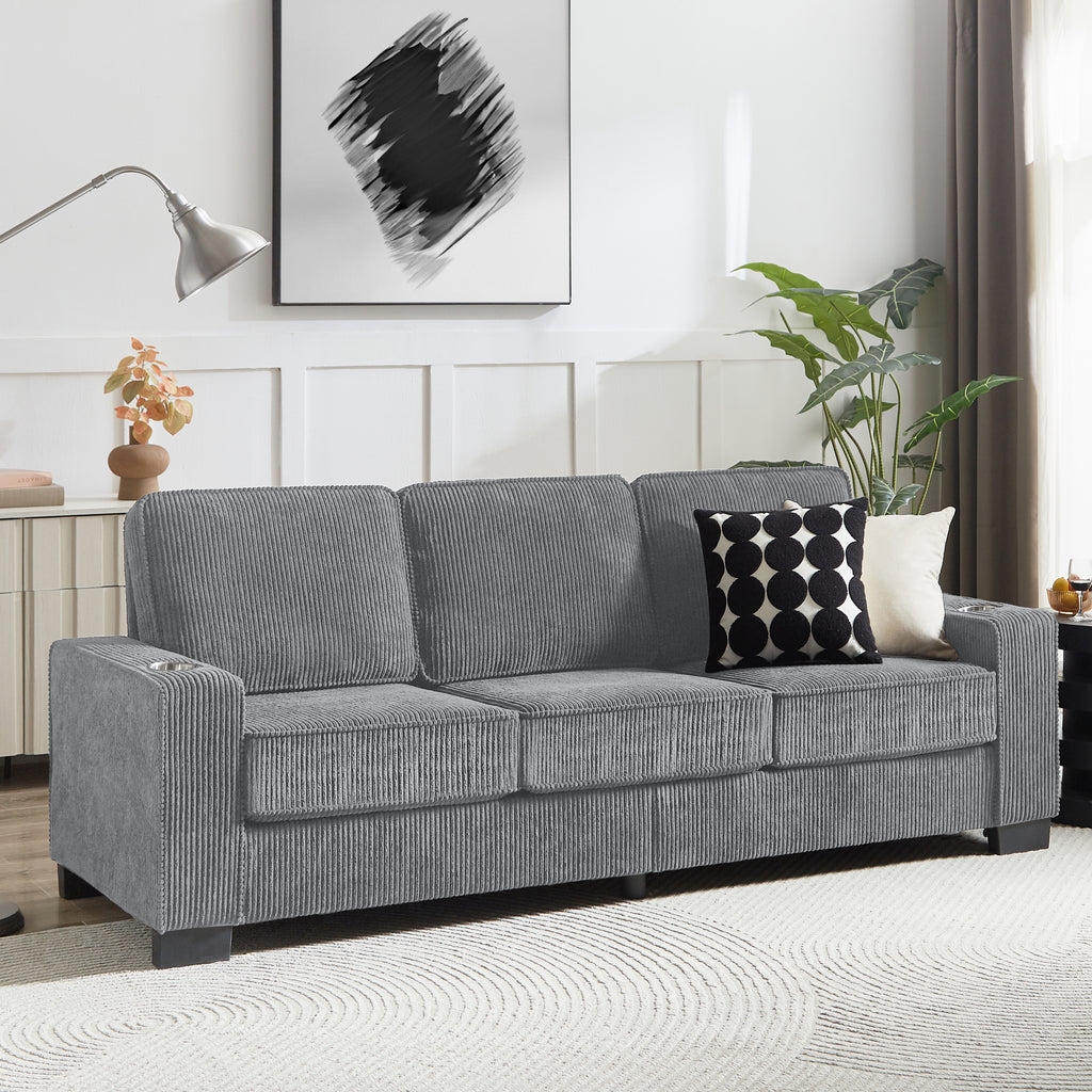 83.86'Corduroy Fabric sofa,Modern Compressed Couch,3-Seater Sofa, Furniture for Living Room,Bedroom,office ,Gray