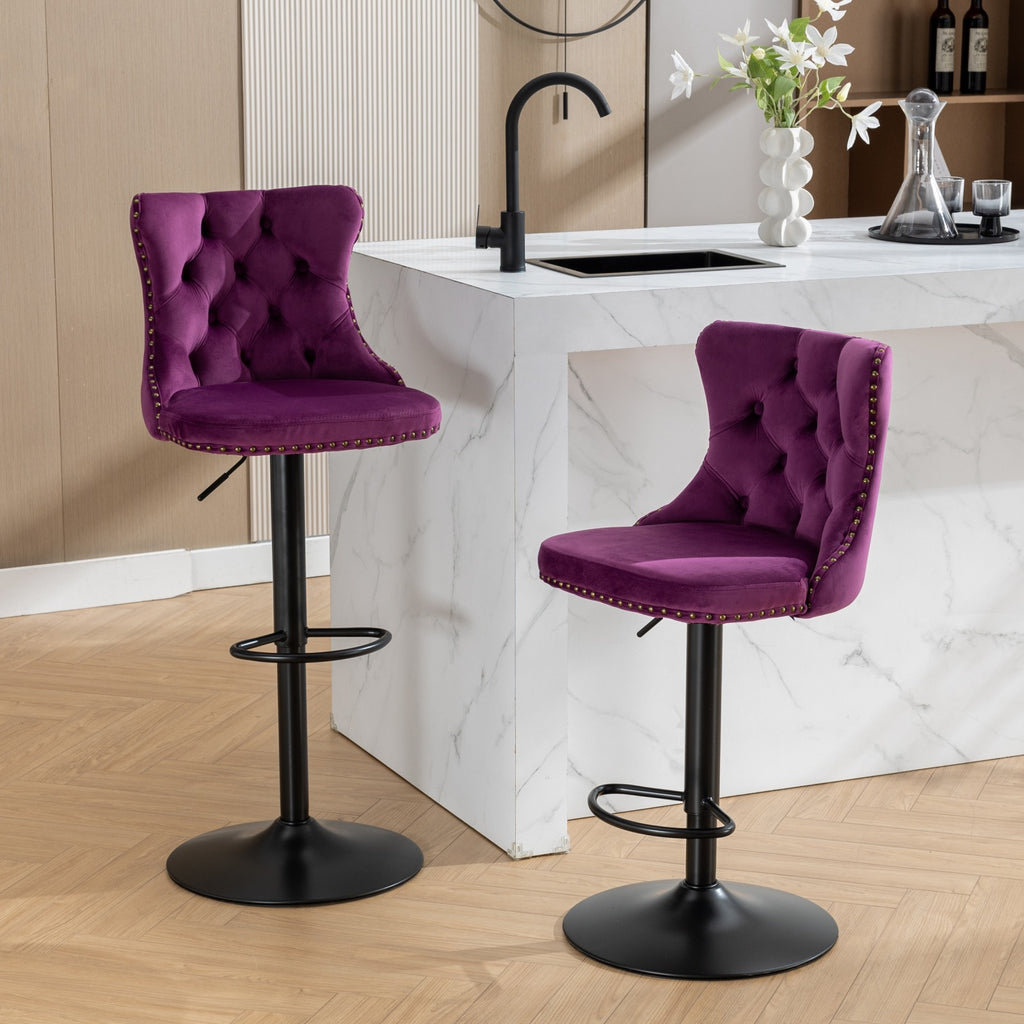 Purple,Set of 2 Swivel Velvet Barstools Adjustable