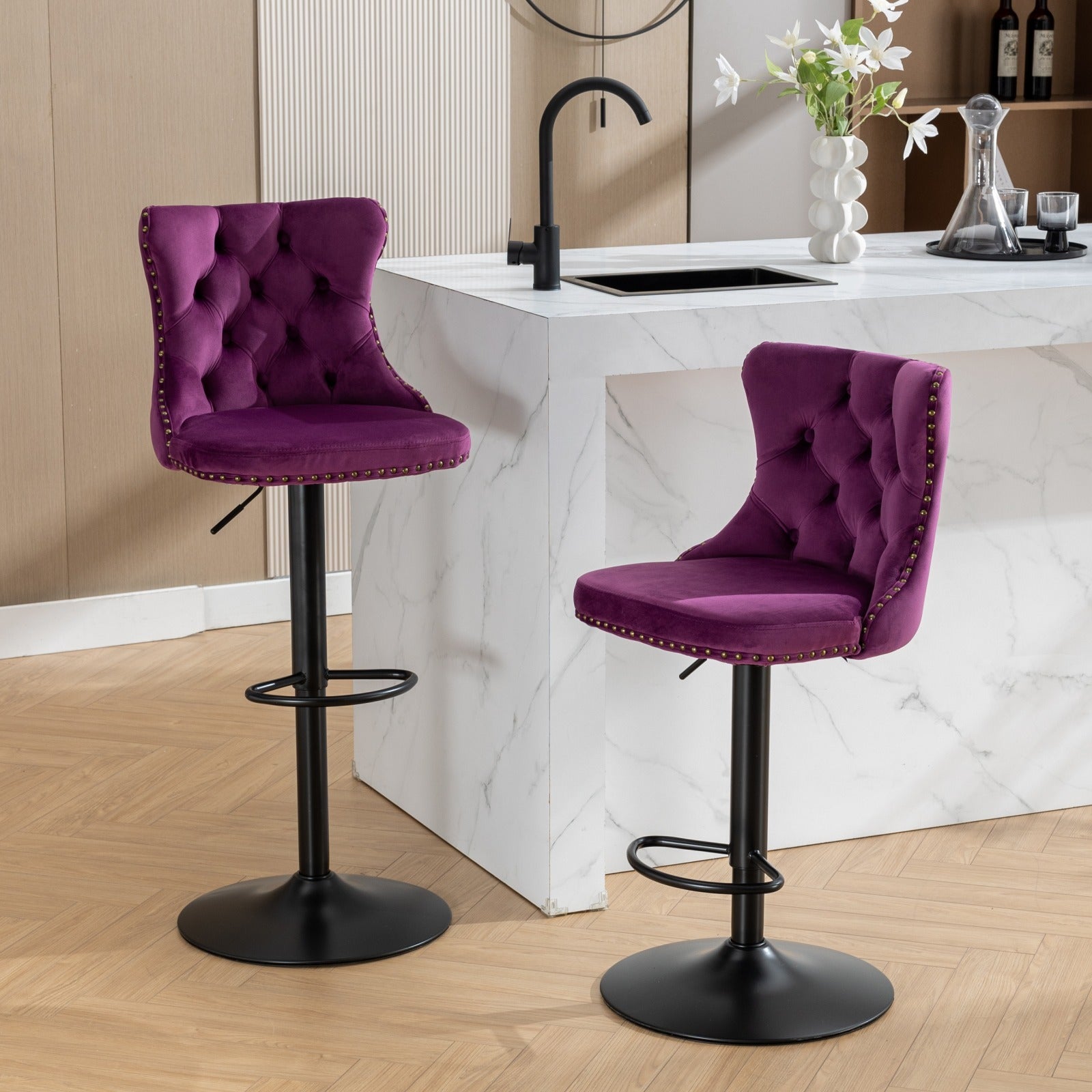 Purple,Set of 2 Swivel Velvet Barstools Adjustable