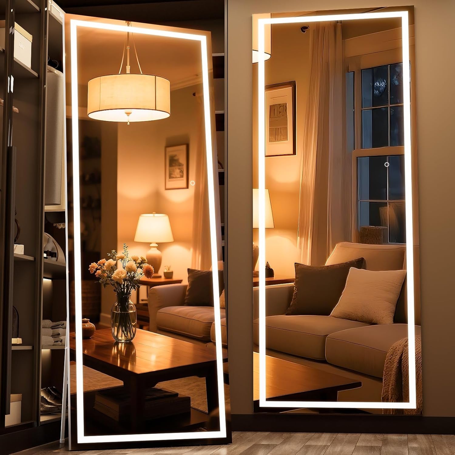 75x28 Inch LED Full Length Floor Mirror with Dimmable Lights and White Frame
