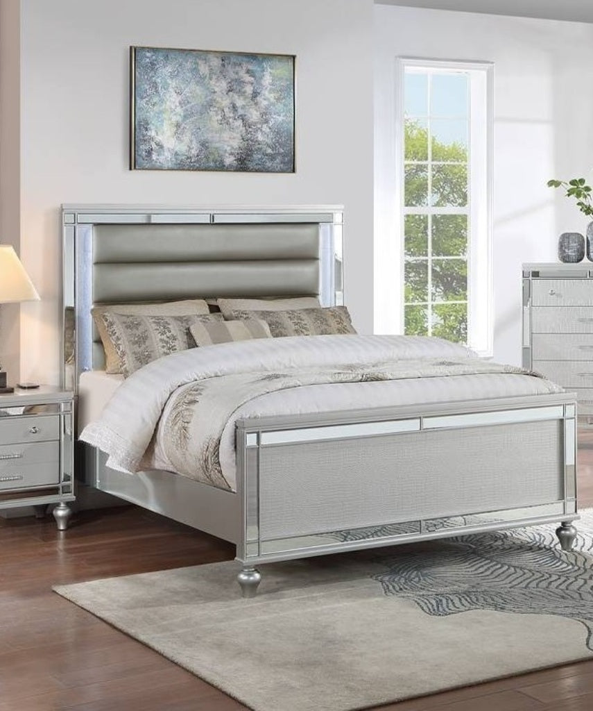 Queen Size 1pc Bed Built In LED Lights Glass Panel Round Gourd Legs Horizontal Tufting Silver Finish Bedroom Furniture