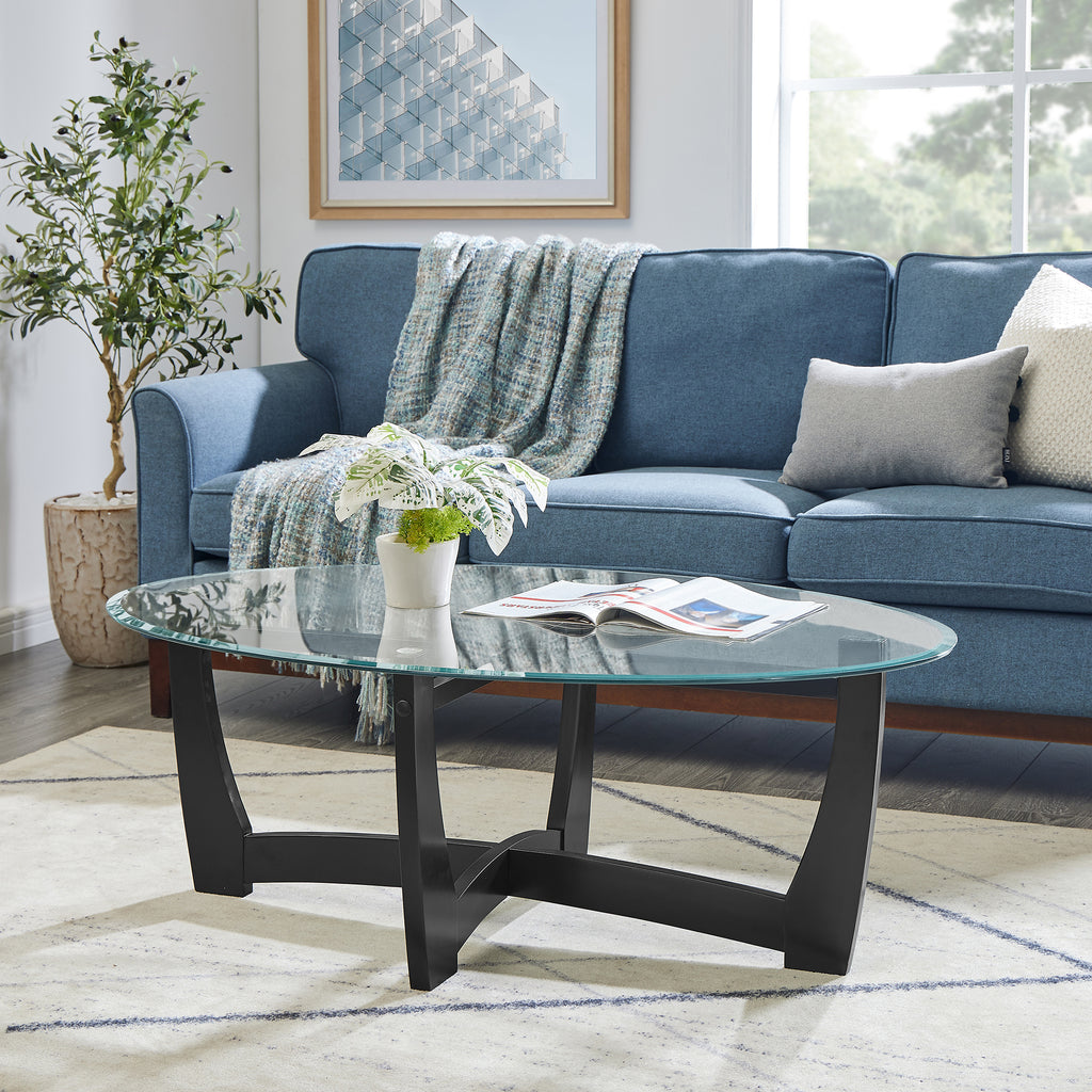48 Inch Oval Glass Coffee Table, Black Round Coffee Table Center Table with Glass Top, Small Coffee Table for Living Room, Office and Apartment