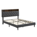 Modern Upholstered King-Size Platform Bed Frame with Button-Tufted Linen Headboard and USB Ports, Dark Grey