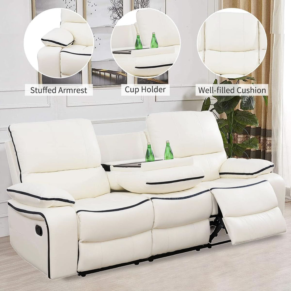 Leather Recliner Sofa Set With Storage Console White-4