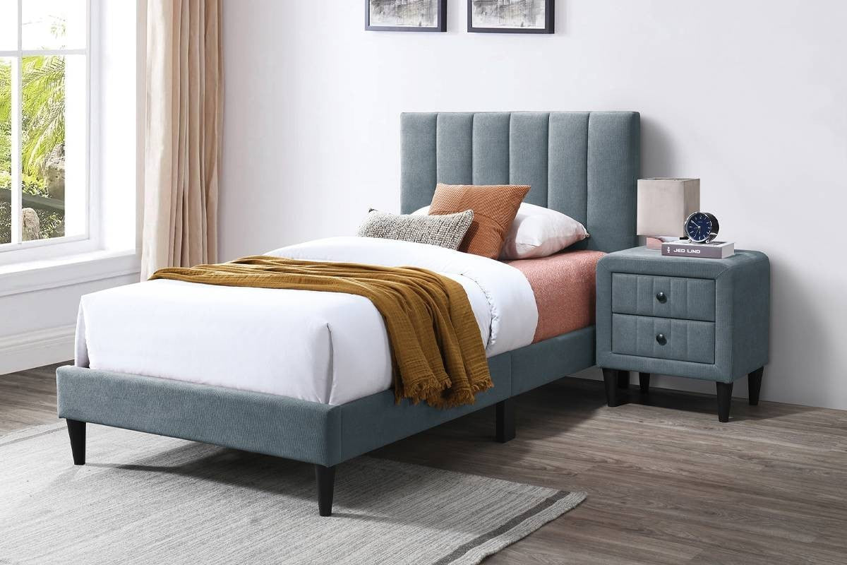 Full Size Bed 2x Nightstands Channel Tufted Headboard Upholstered Gray 3pc Bedroom Set