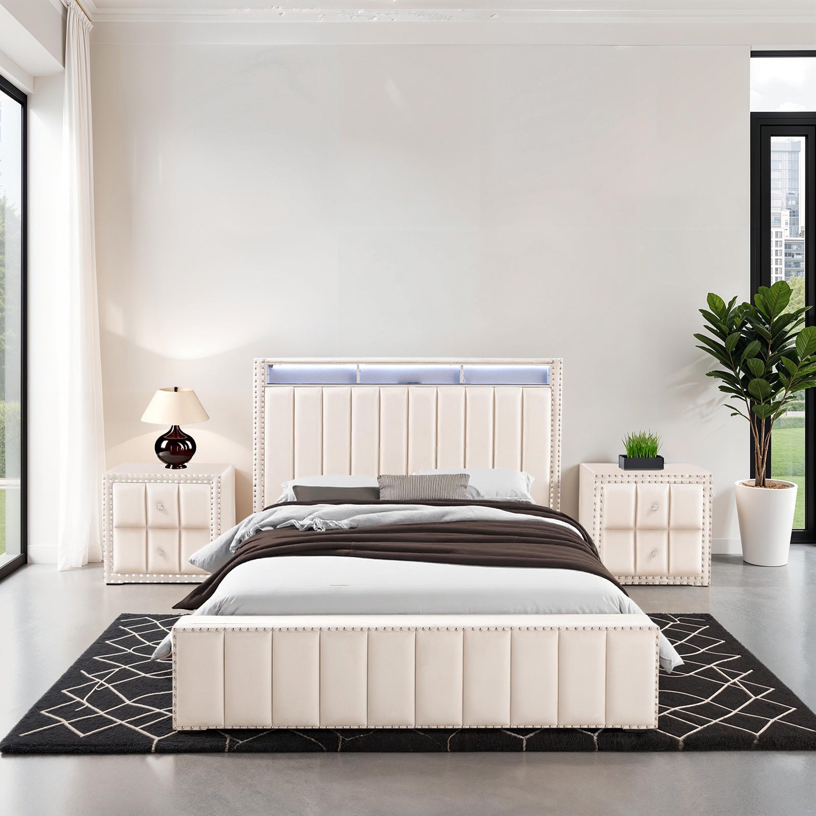 Beige Full Size Bed 2x Nightstands Bedroom Set