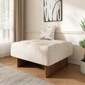 Square Upholstered Tufted Linen Fabric Ottoman, Solid Wood Legs, Beige