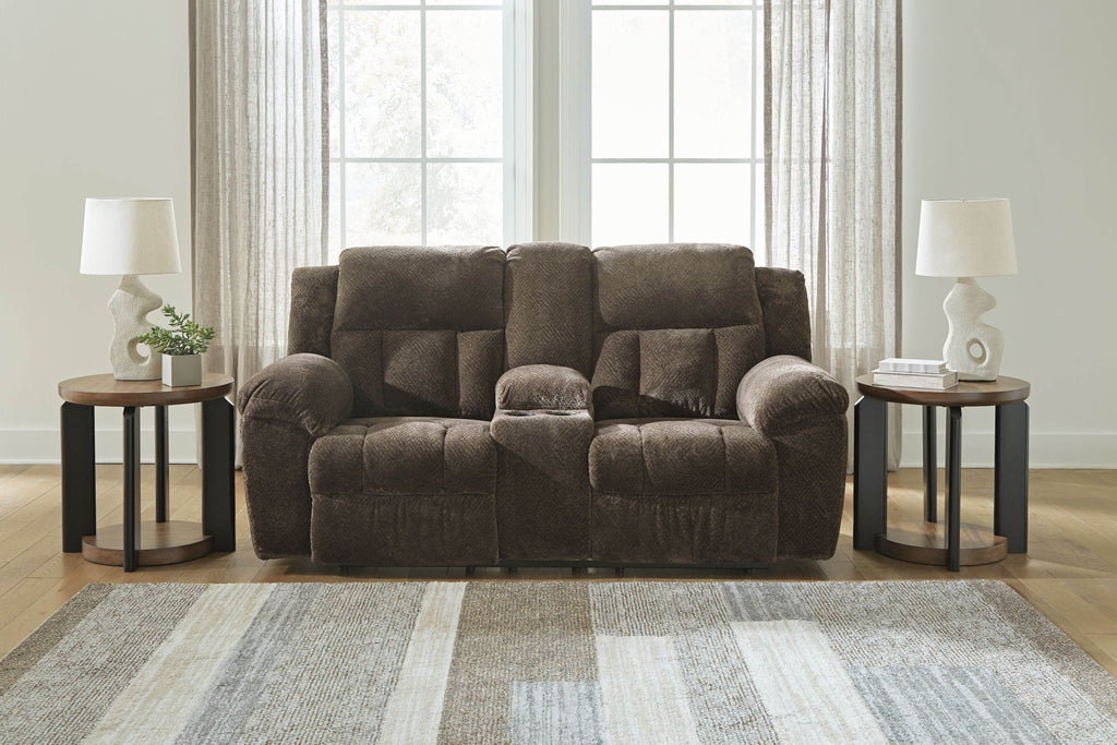 Frohn - Dbl Reclining Loveseat With Console - Fabric - Chocolate-1