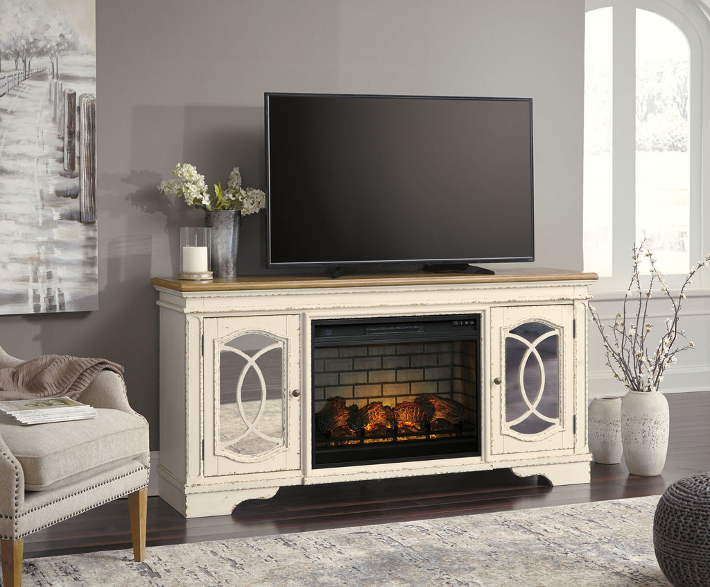 Realyn - 2 Pc. - 74" TV Stand With Electric Infrared Fireplace Insert - Chipped White-2
