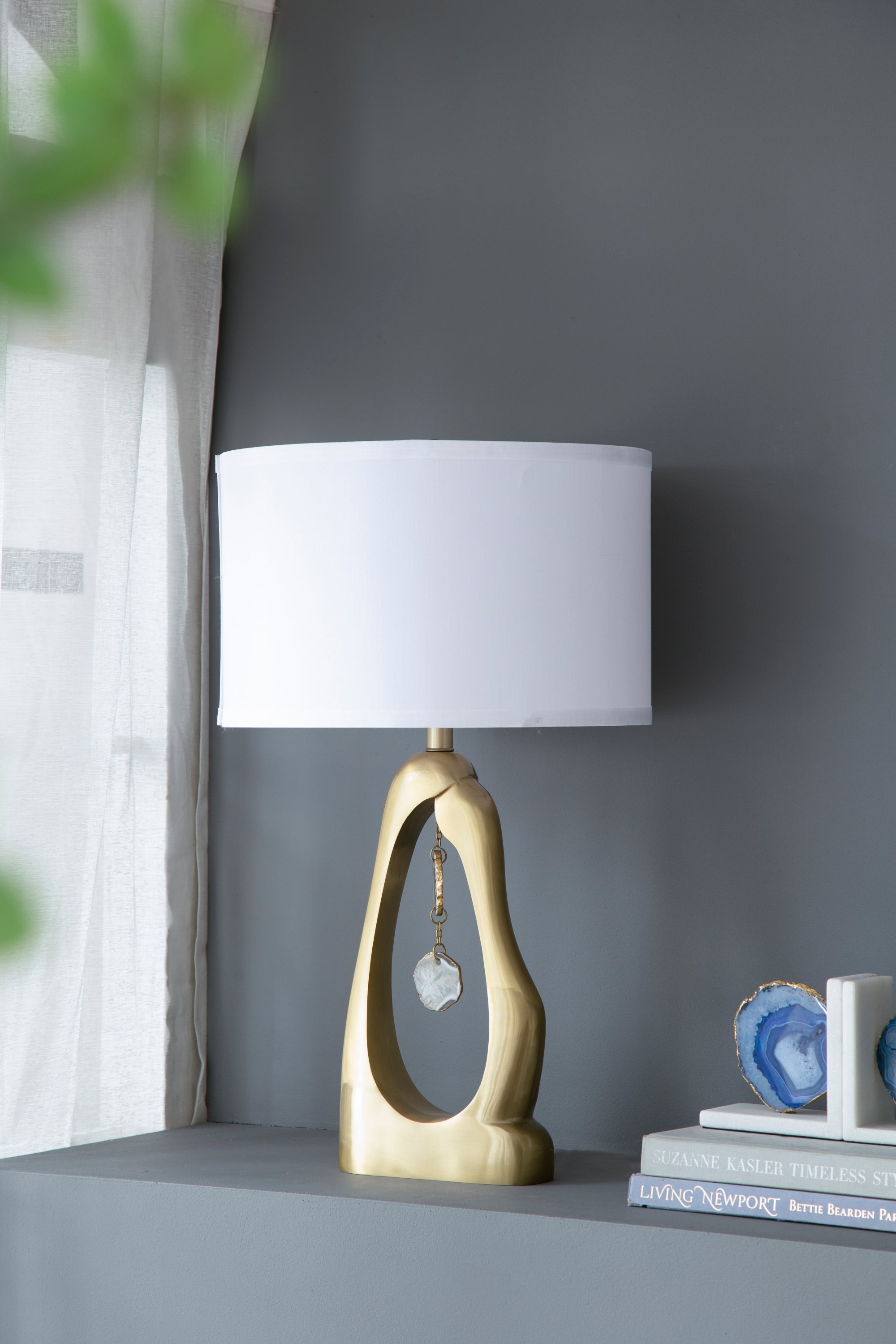 D16x27.5' Gold Geode Shaped Table Lamp with White Drum Shade(Lamp Shade Assembly Required)