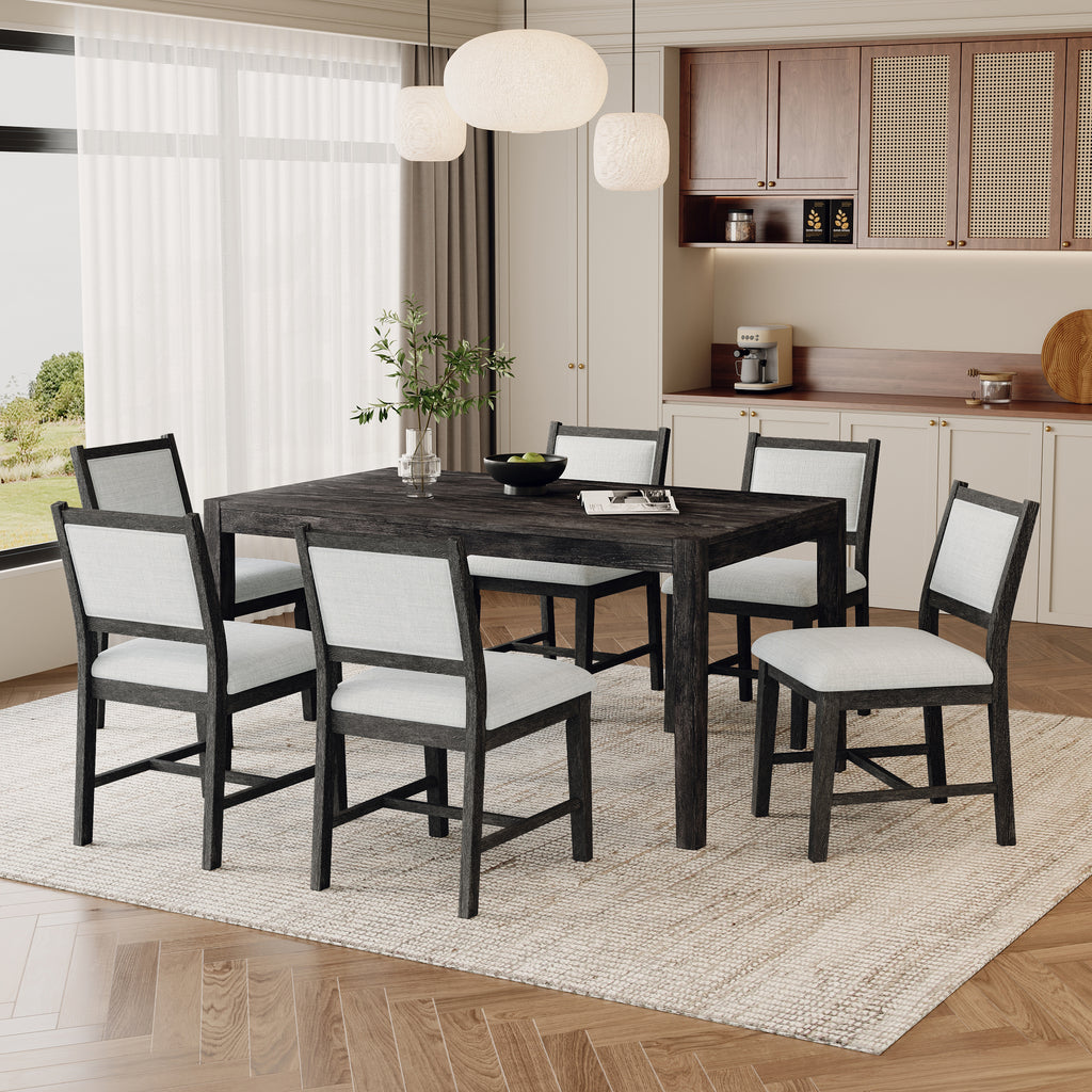 TREXM 7-Piece Retro Dining Table Set for 6, 1 Rectangular Wood Dining Table Set for 6 with Upholstered Chairs for Dining Room and Kitchen (Espresso)