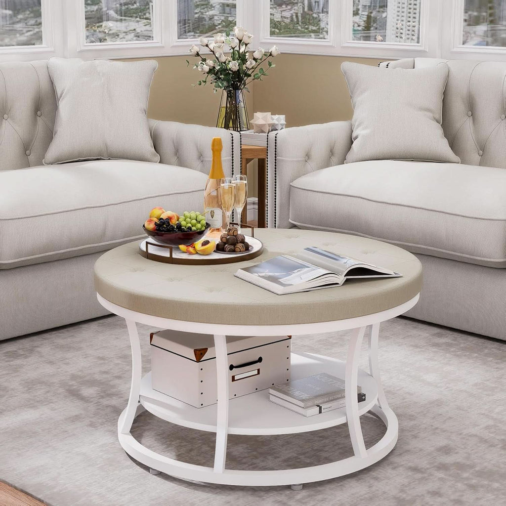 Beige 31.5-Inch Round Ottoman Coffee Table Storage