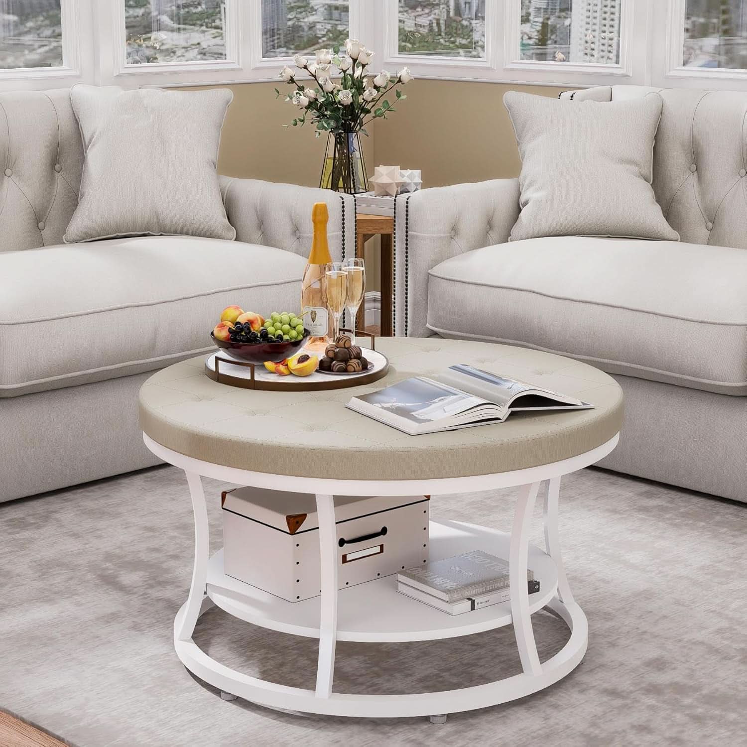 Beige 31.5-Inch Round Ottoman Coffee Table Storage