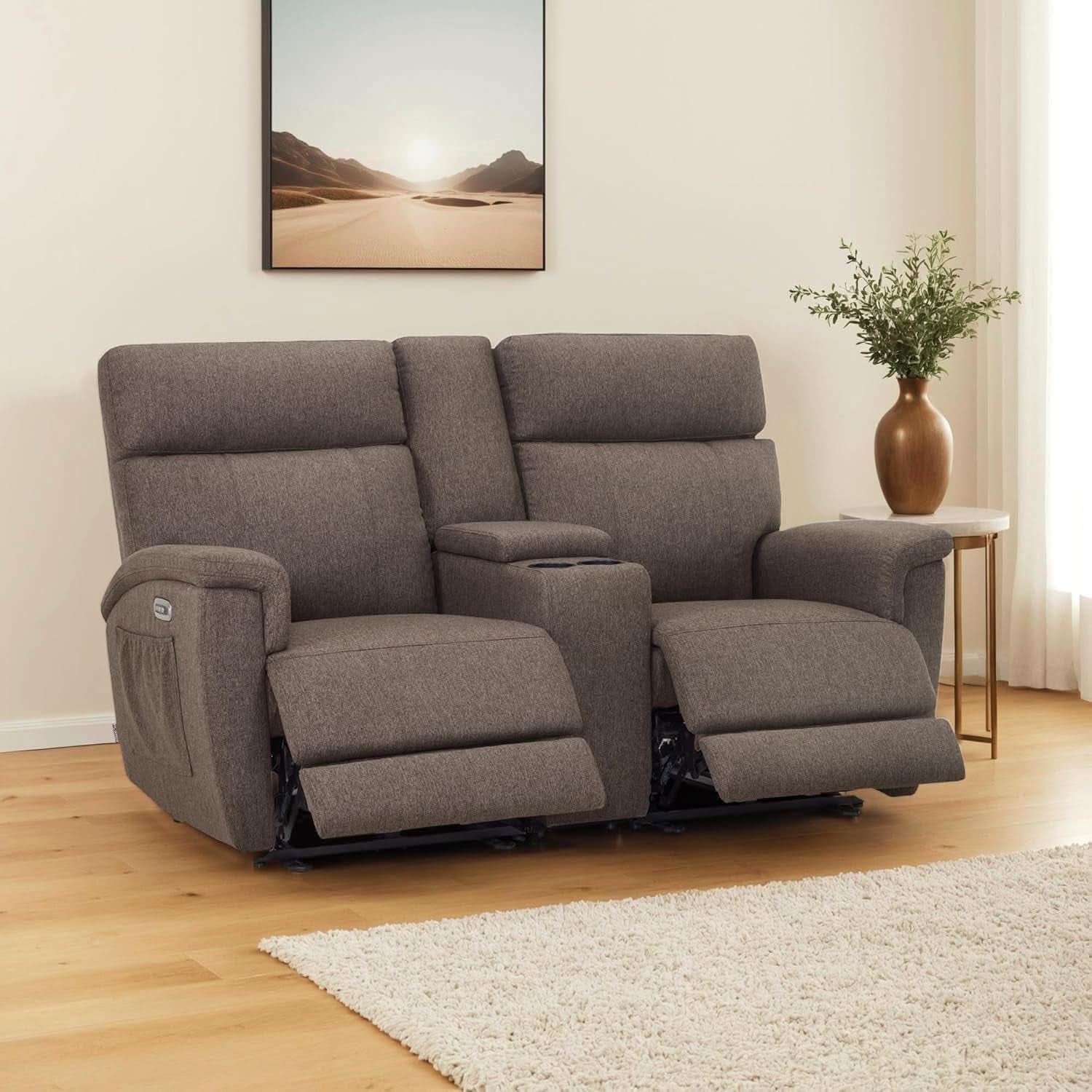 Mocha Power Recliner Loveseat With Massaging For Living Room Comfort-1