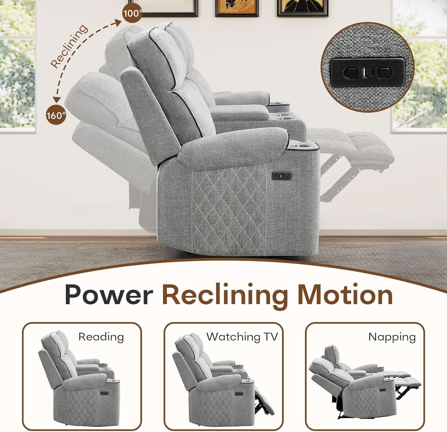 Electric Recliner Sofa USB Type C Ports Light Grey-2