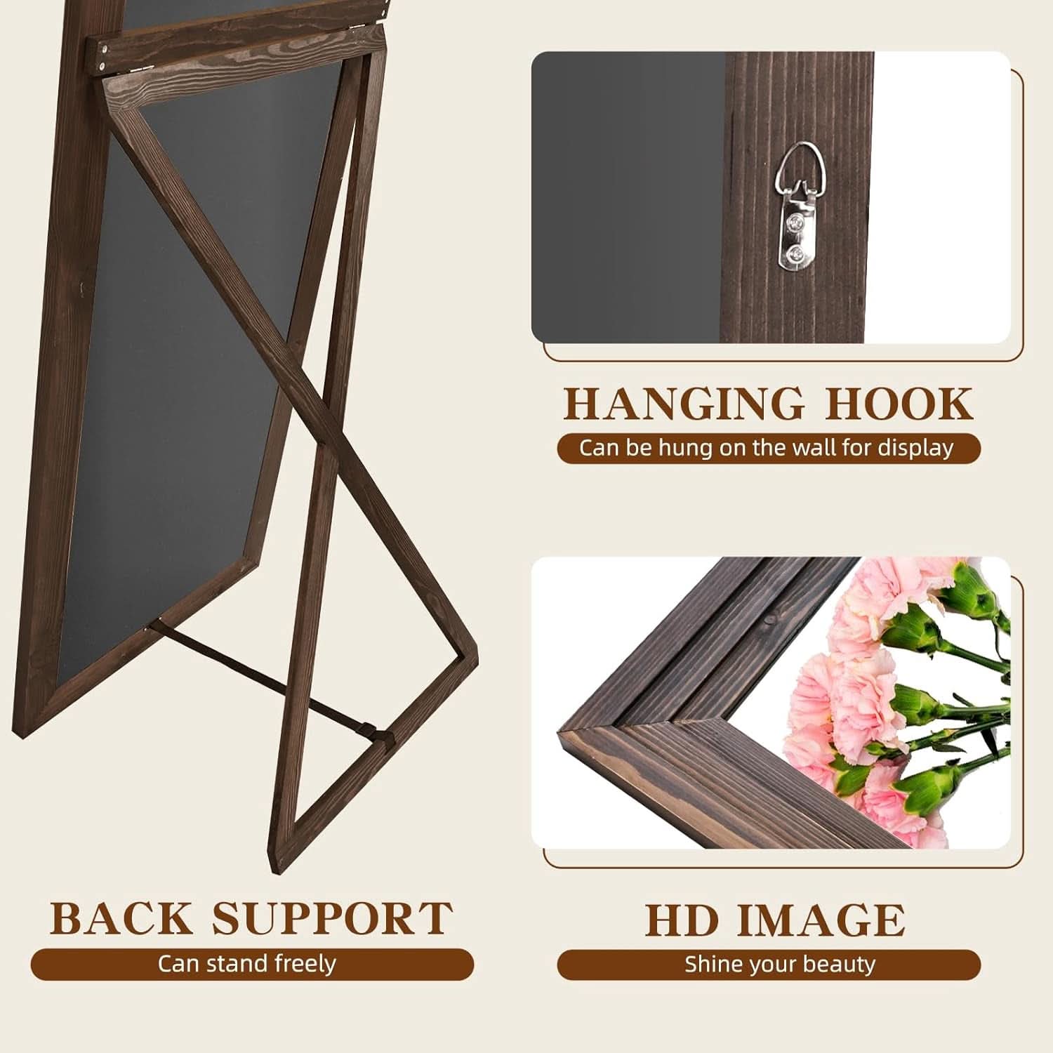 65Inch Full Length Floor Mirror Brown Solid Wood Frame-2