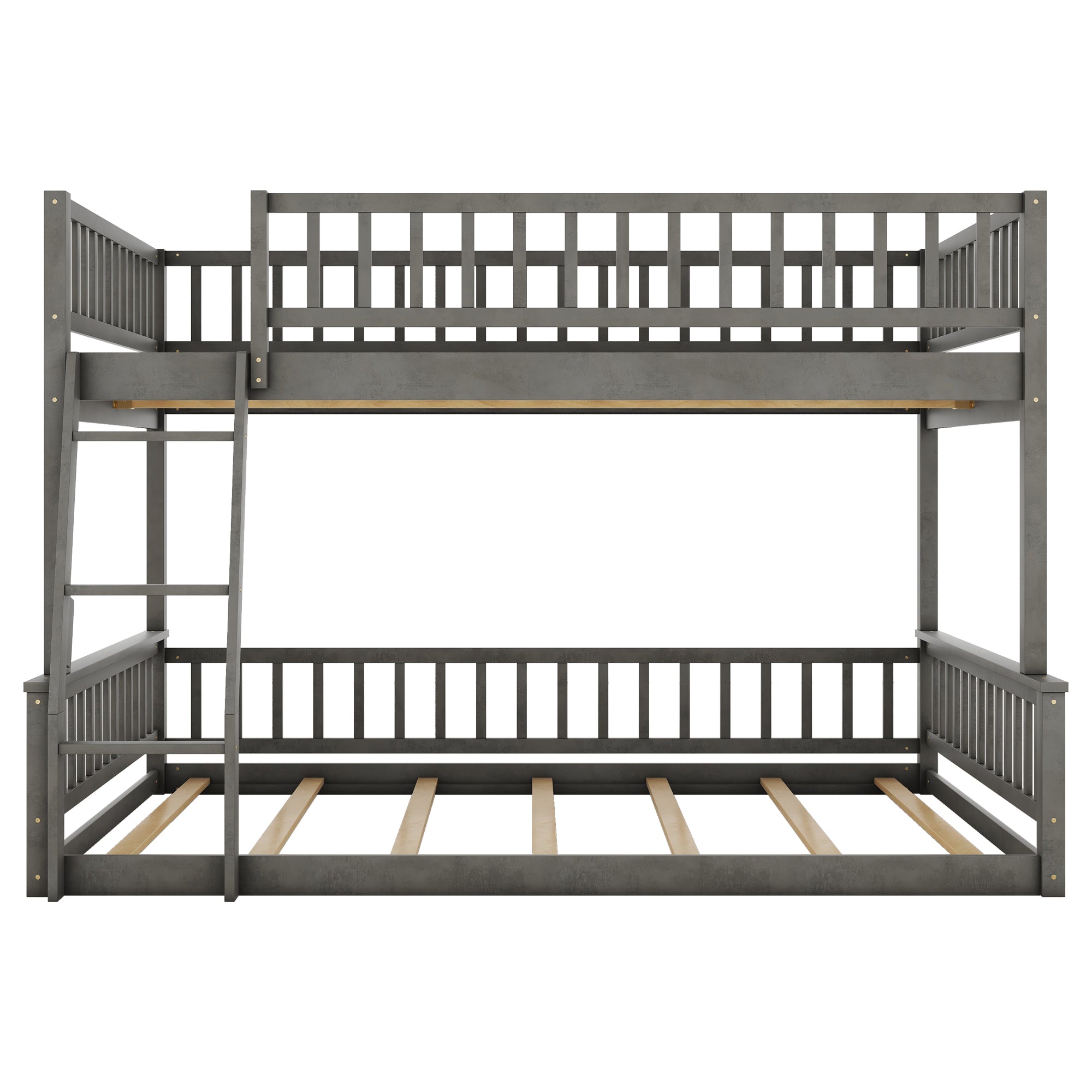 Gray Full XL over Queen Bunk Bed with Ladder and Guardrails, Pine Wood+MDF, 84.7''L x 63.7''W x 58.3''H