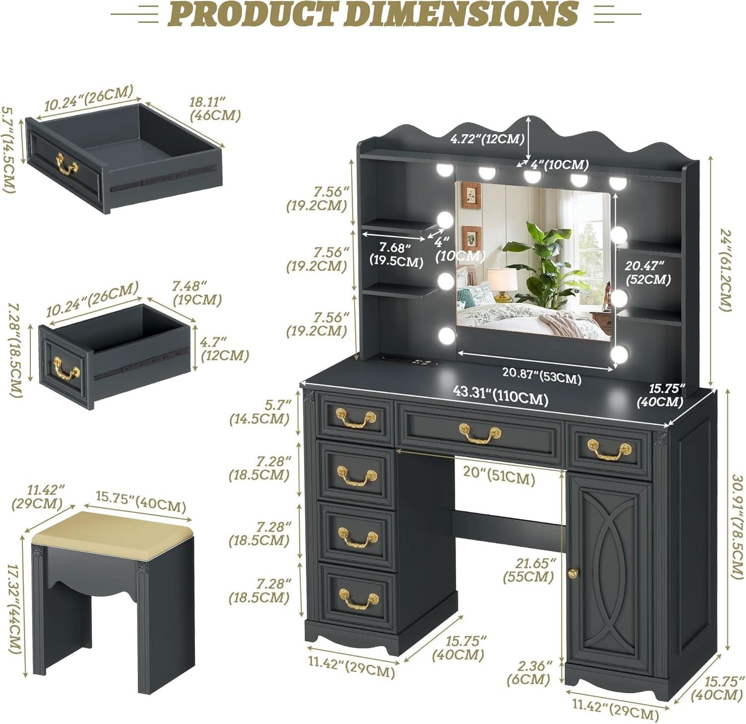 Grey Makeup Vanity Desk With Multifunctional Storage-1