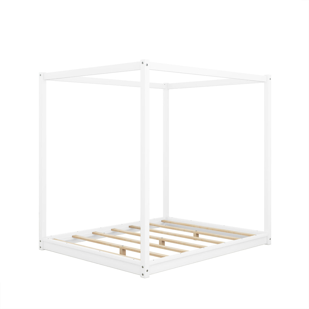 White Queen Size Canopy Platform Bed with Support Legs, Pine Wood and MDF, 80.3''L x 60.1''W