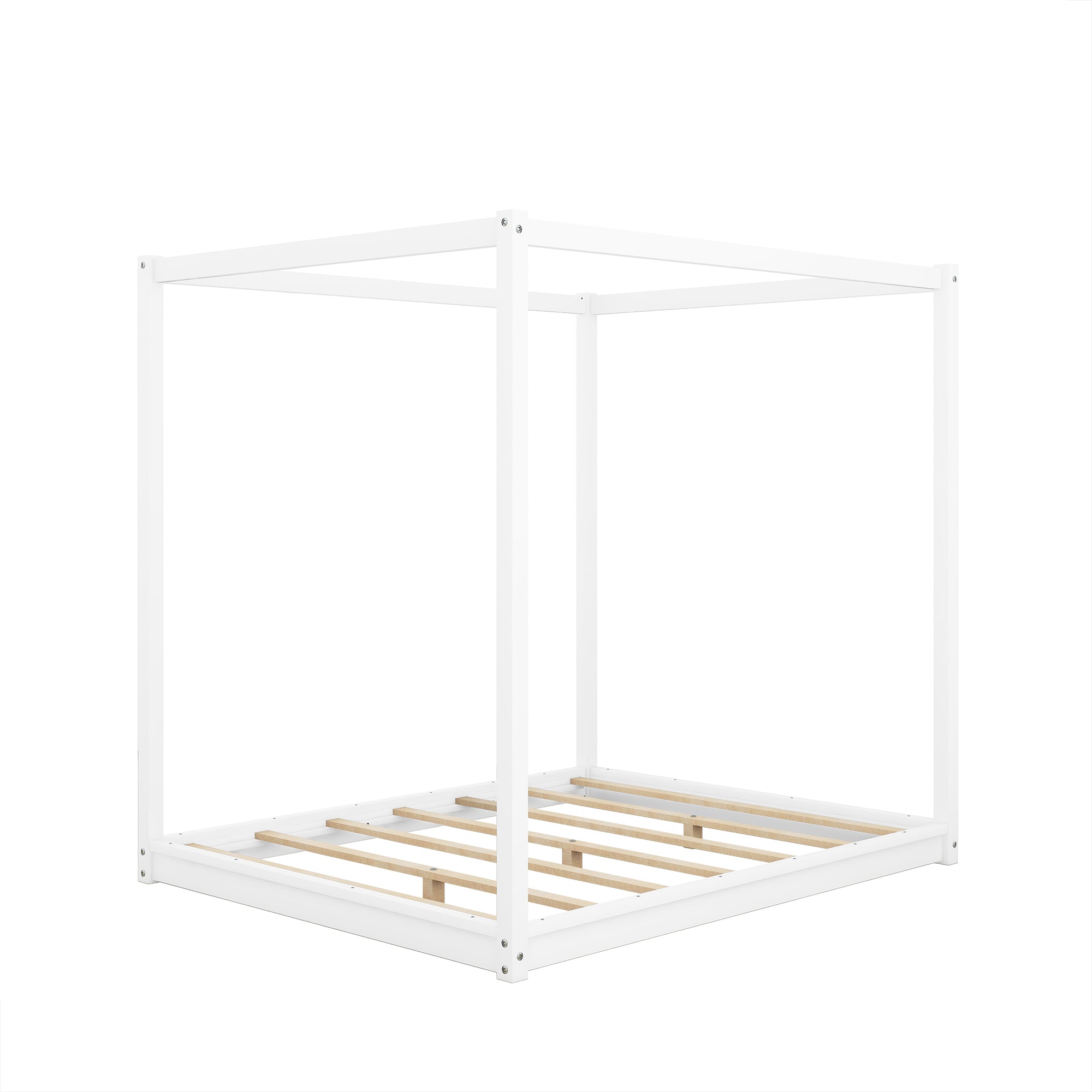 White Queen Size Canopy Platform Bed with Support Legs, Pine Wood and MDF, 80.3''L x 60.1''W