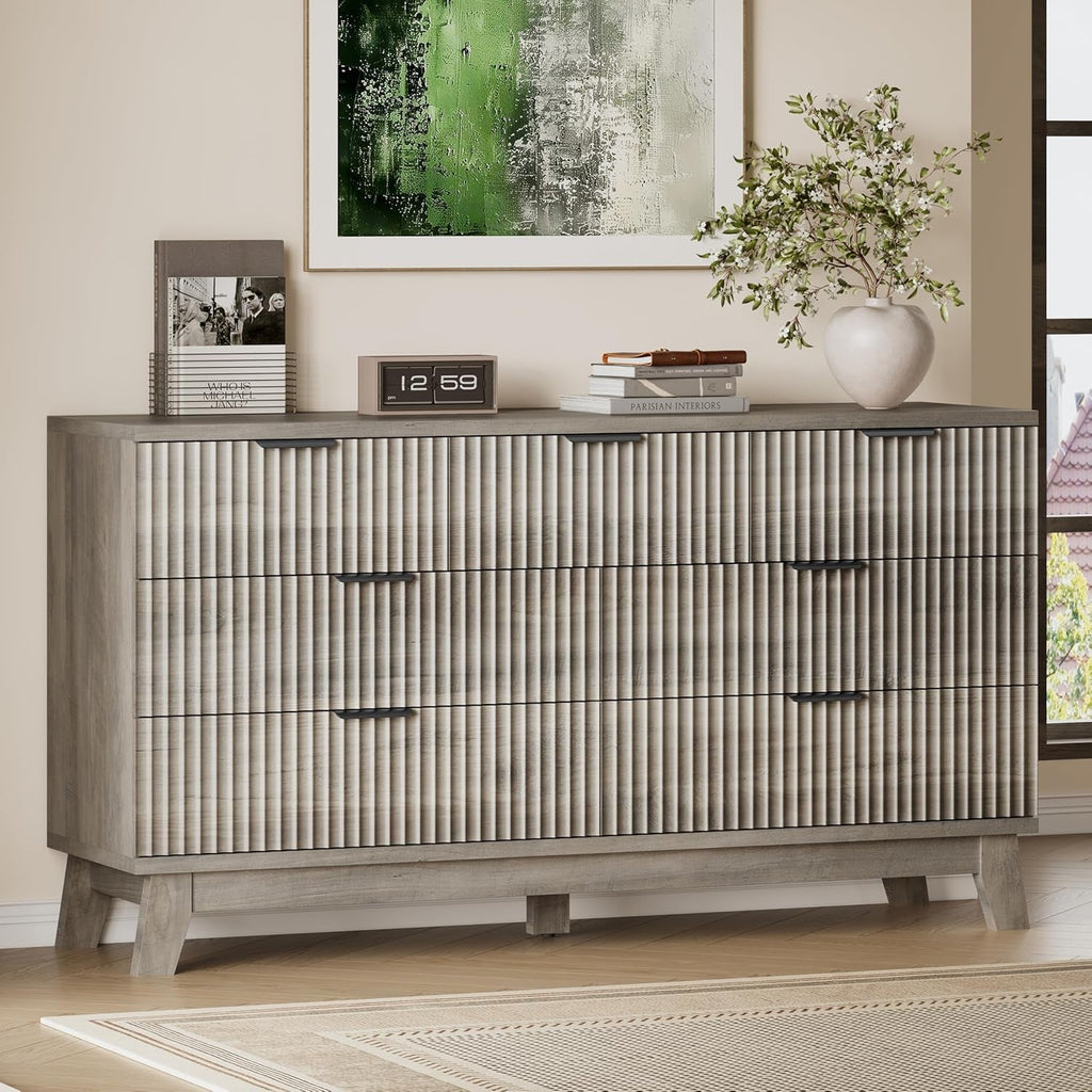 Fifty Seven Inch Fluted Seven Drawer Solid Wood Dresser