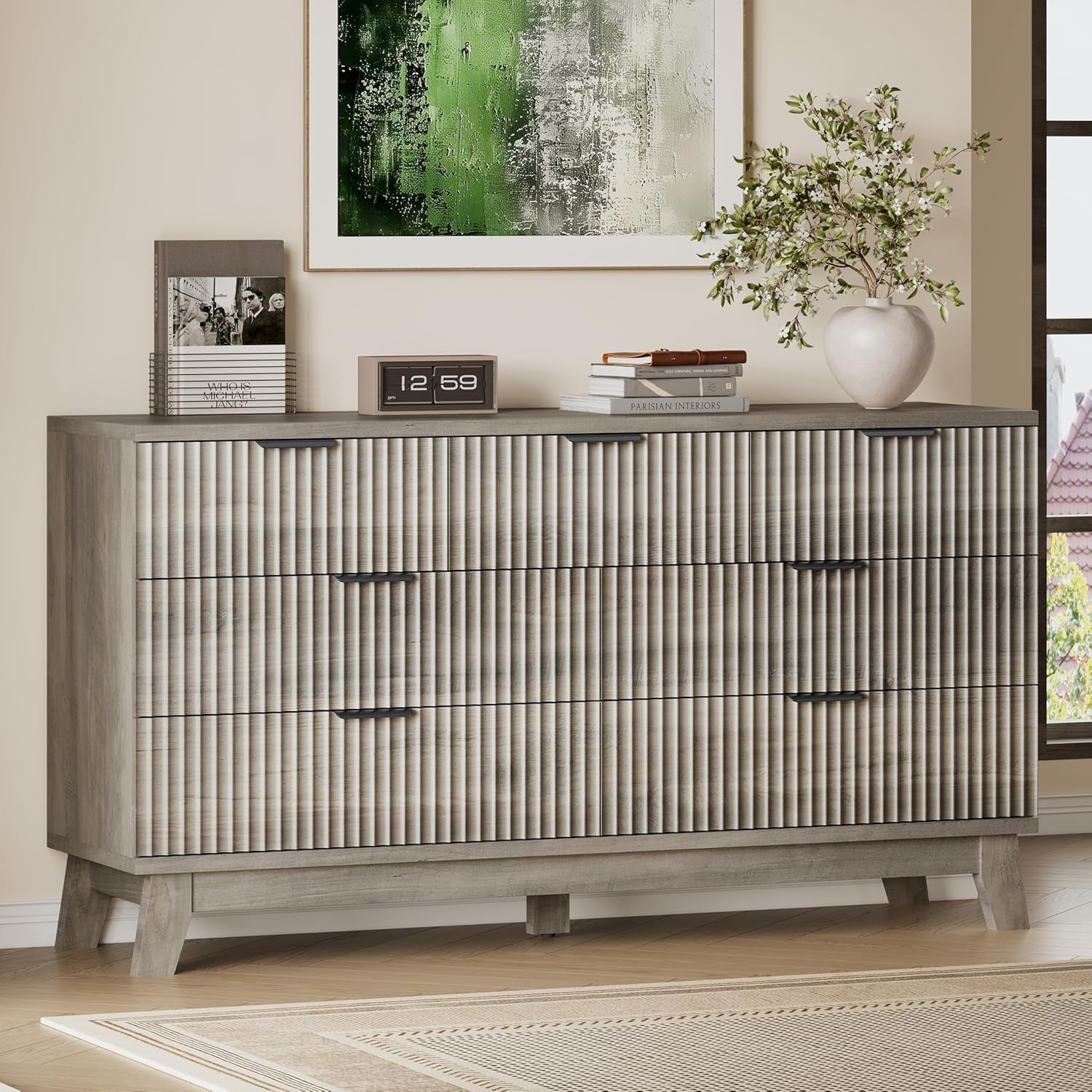 Fifty Seven Inch Fluted Seven Drawer Solid Wood Dresser
