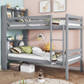 Twin Over Twin Bunk Bed with Shelves , Rubber Wood Bed with Shelves Headboard, Safety Guardrails and Ladder, Convertible to 2 Beds,Grey