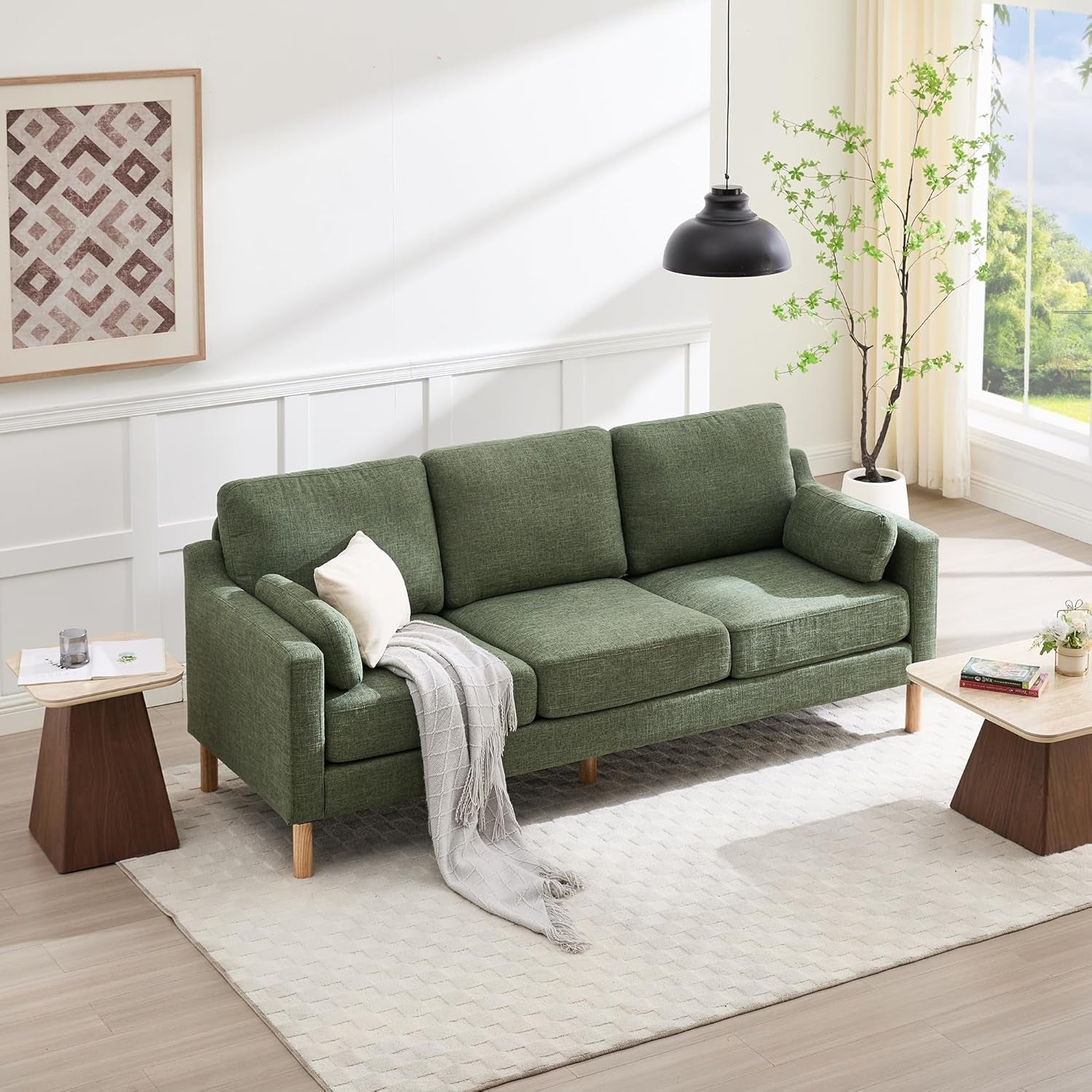 Dark green Linen Upholstered Mid Century Modern Sofa-0