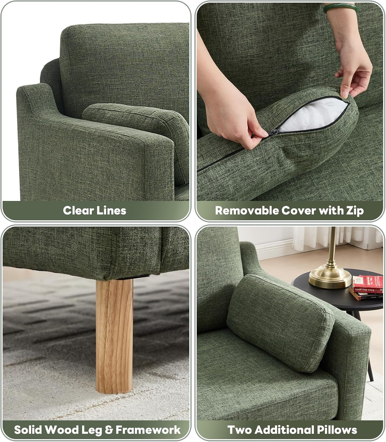 Dark green Linen Upholstered Mid Century Modern Sofa-4