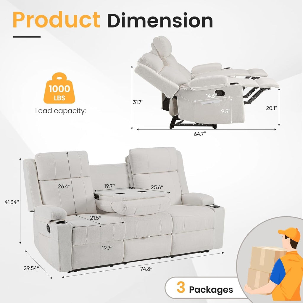 Beige Leatherette Recliner Sofa With Dual Cupholders-1