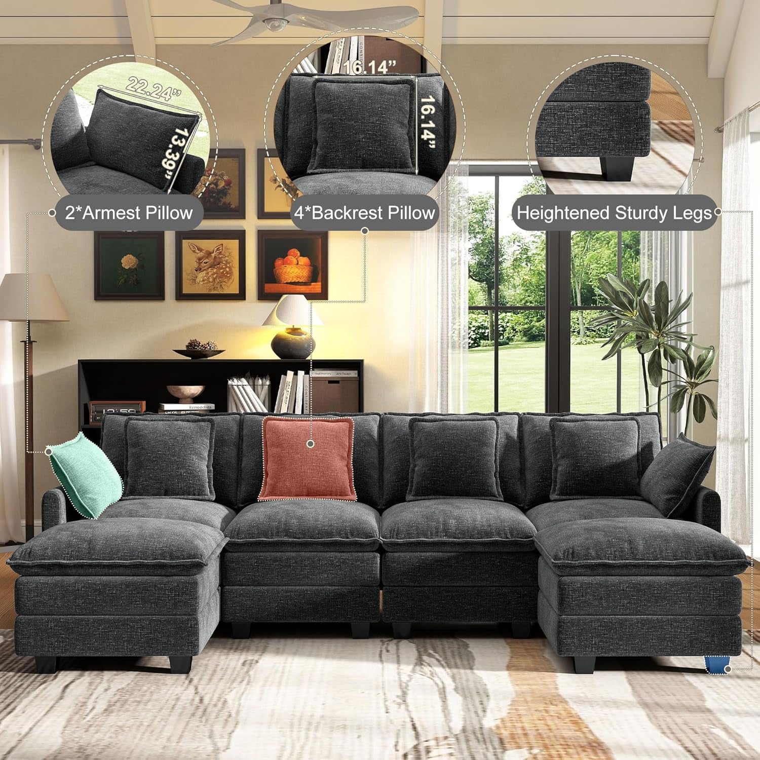 107 Inch Cloud U Shaped Sofa Grey Removable Pillow Covers-2