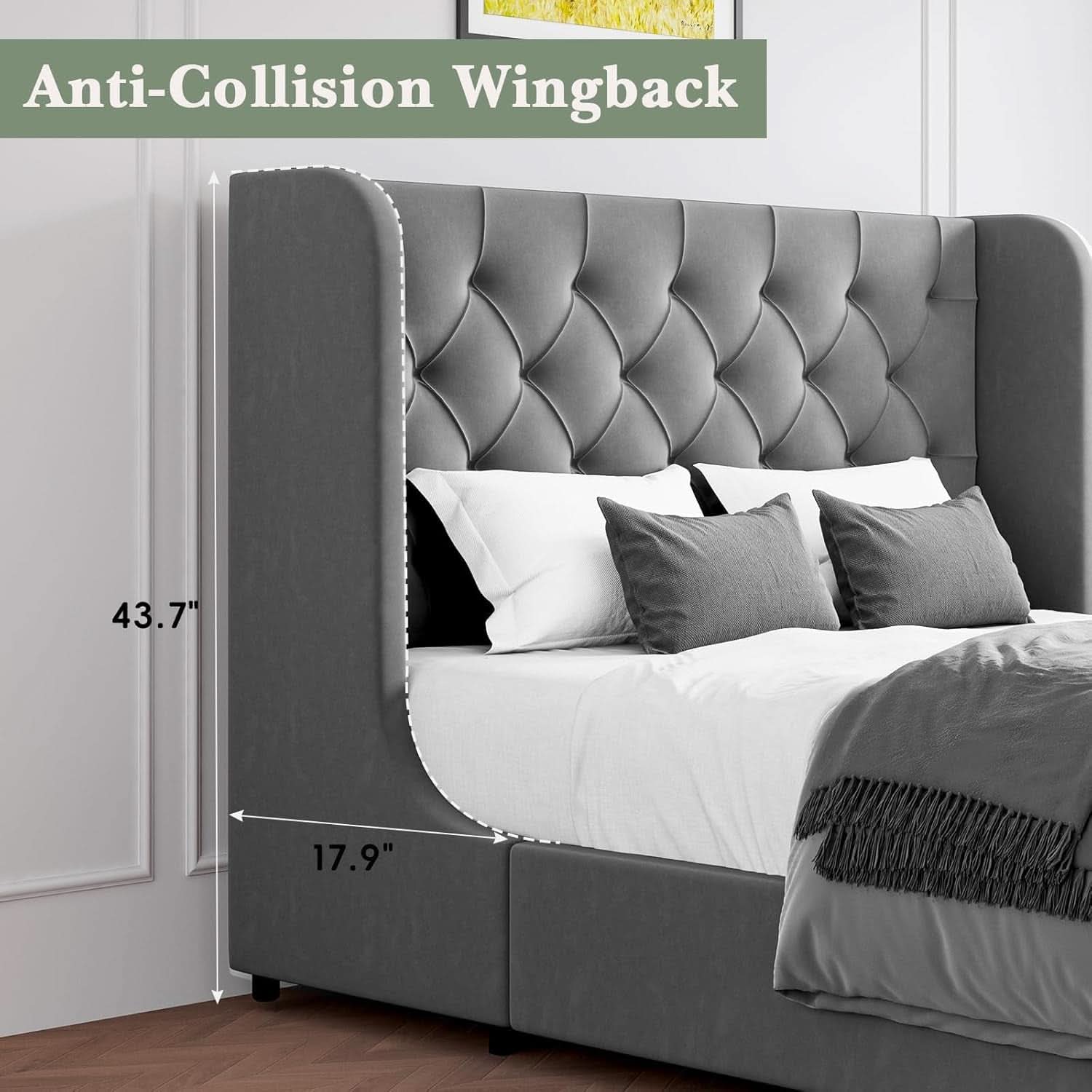 Grey VelvetLux Upholstered King Bed Frame Wing back-3