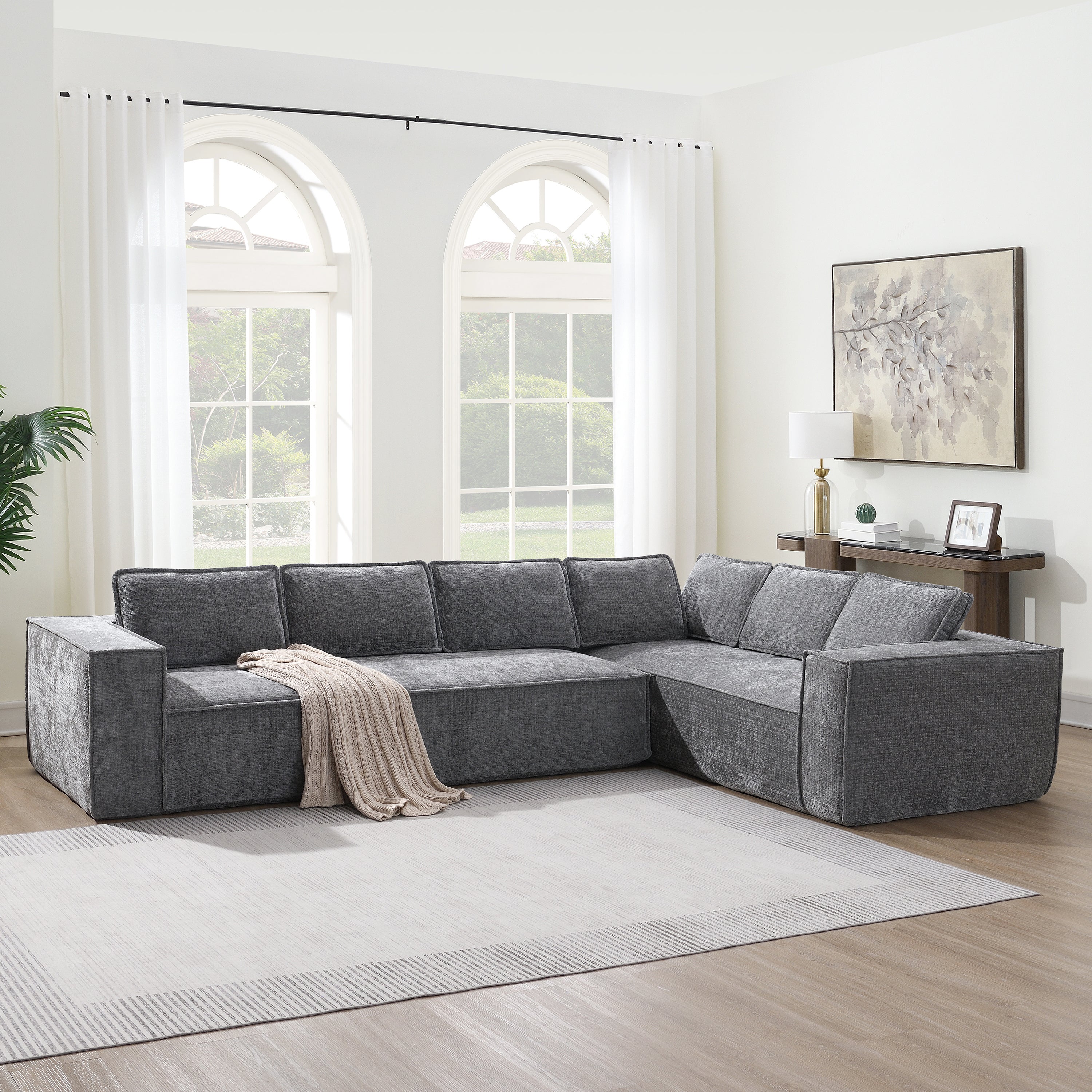 [VIDEO+New]129.5' Minimalist Style Modular Sectional Sofa,6 Seat Wrinkle-resistant Chenille Couch Set,2 PC Free Combination,Modern L-Shaped Cloud Sofa Set for Living Room,No Assembly Require,3 Colors