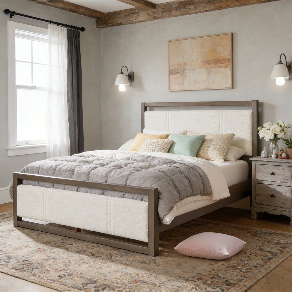 Queen Bed with Ivory Boucle Fabric Headboard, Wood Frame