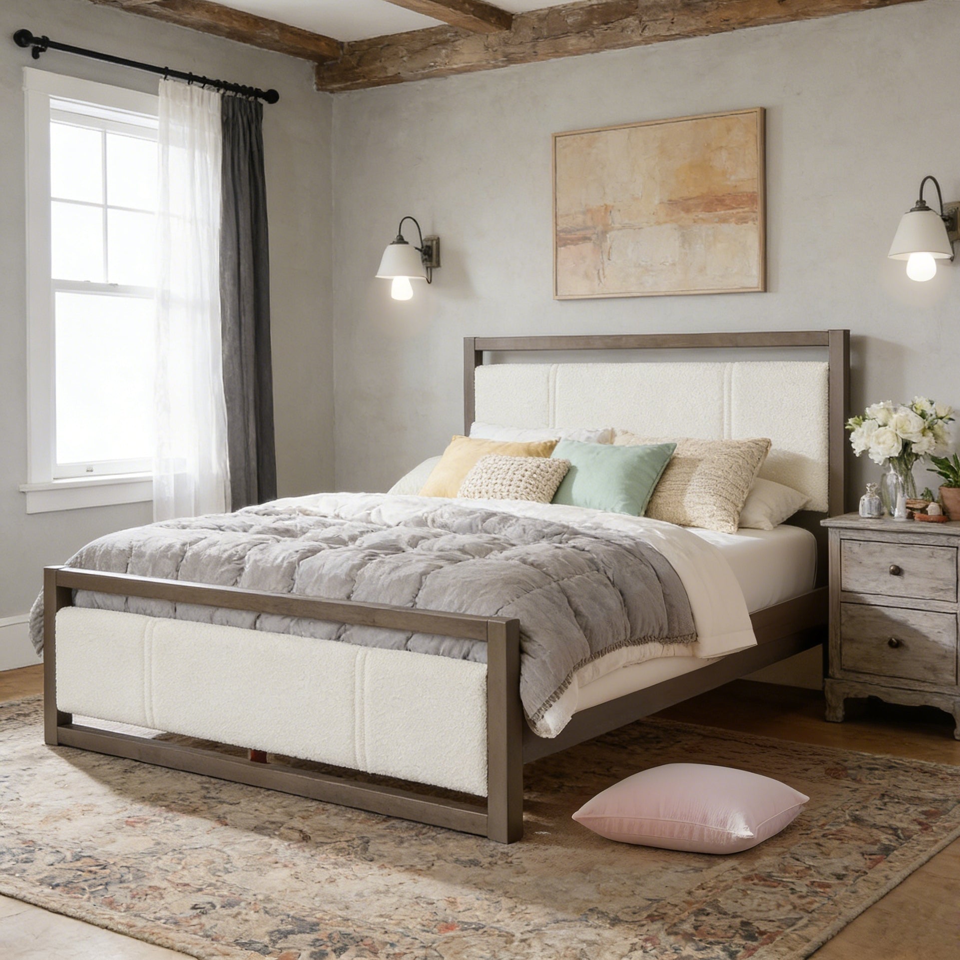 Queen Bed with Ivory Boucle Fabric Headboard, Wood Frame