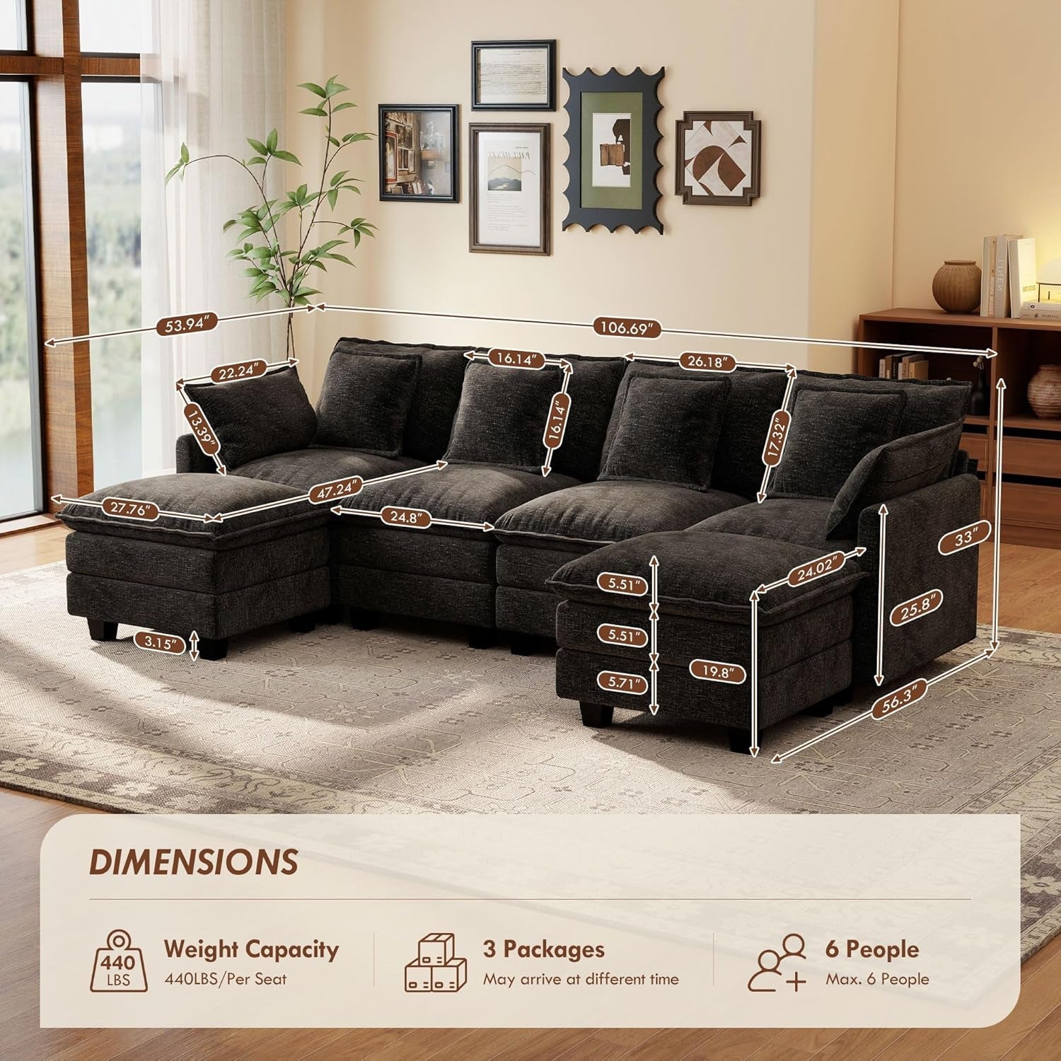 106-Inch Modular Cloud Sofa Black Sectional Modern-1