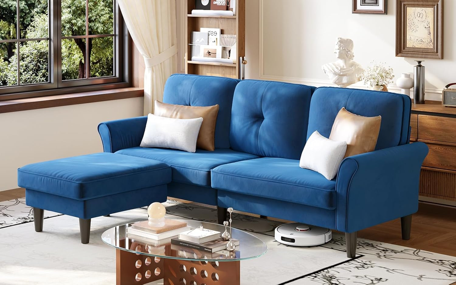 Velvet 83 Inch Sectional Sofa With Movable Ottoman-0