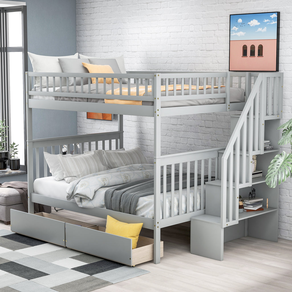 Gray Full Over Full Bunk Bed with Two Drawers and Storage, Pine Wood and MDF, 93.5''L x 57.5''W x 65.6''H