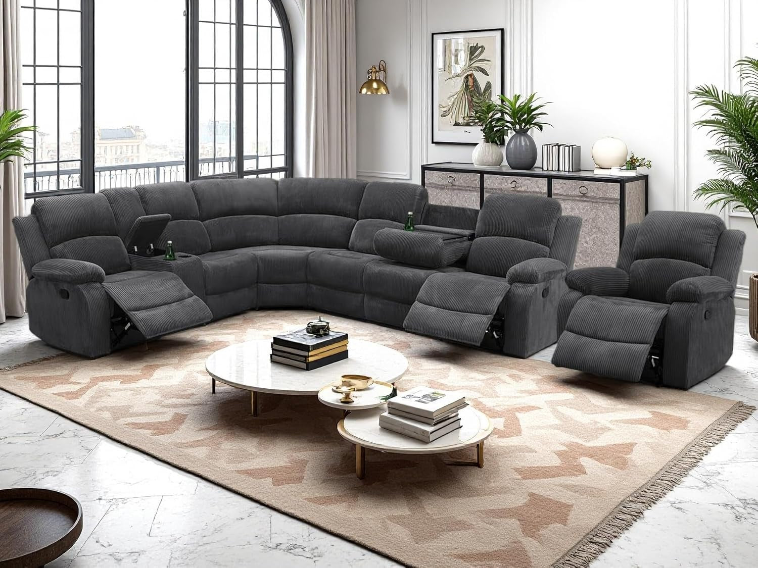 Midnight Grey Corduroy Manual Recliner Sectional Sofa-0