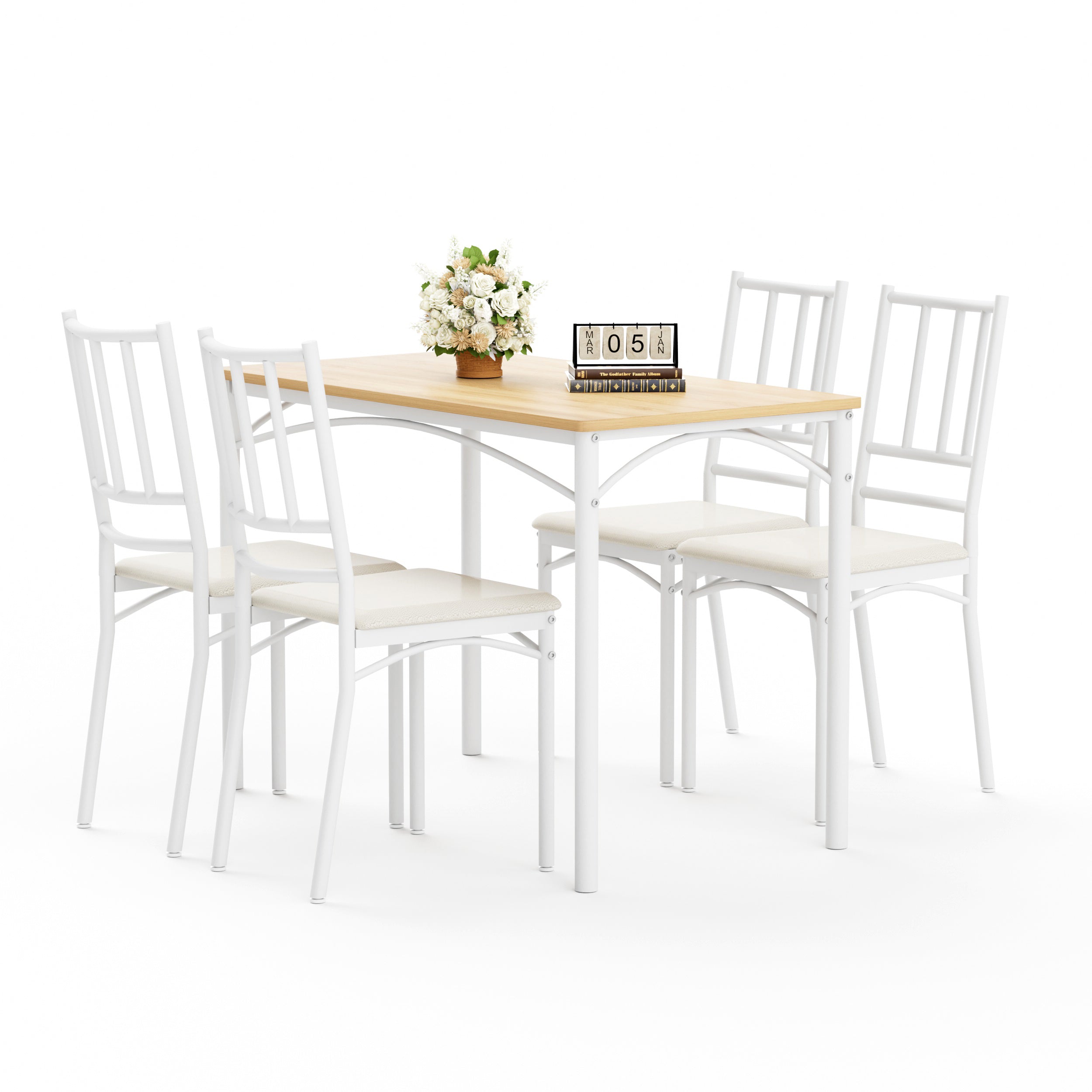 Dining Table Set, Bar Table with 4 Dining Benches, Kitchen Table Counter with Chairs, Industrial for Kitchen Breakfast Table, Living Room, Party Room, Natural and White, 43.3″L x23.6″W x 30.1″H