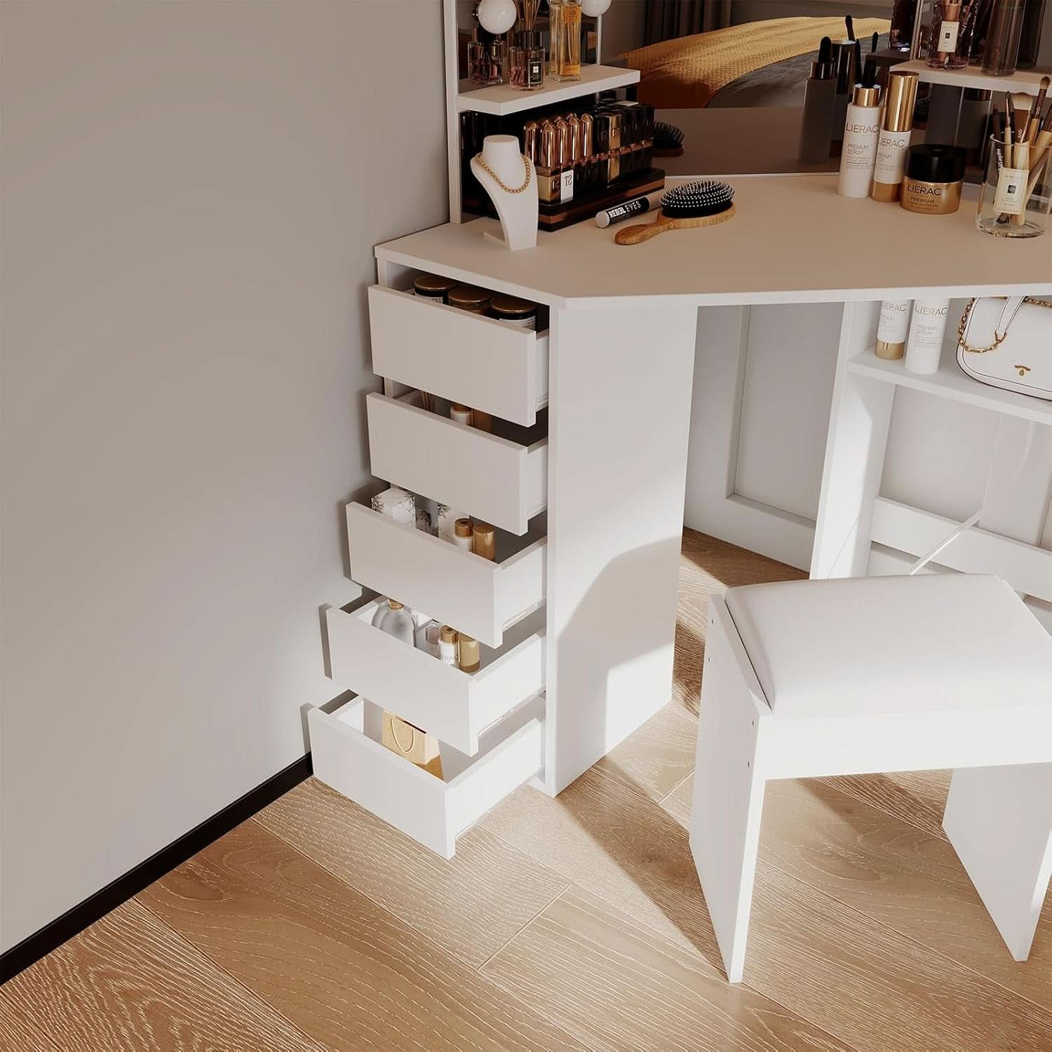 White Corner Vanity Desk With Illumination Modules-4